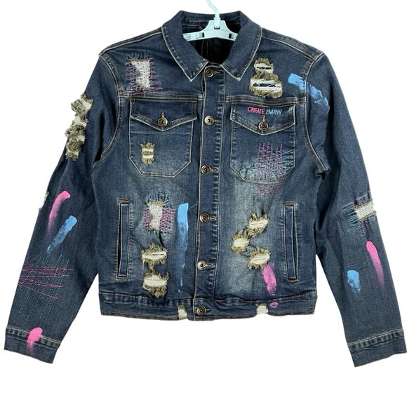 NWT Create 2MRW Men's Blue Denim Jacket Size M Distressed Hand Painted Stretch - Picture 1 of 11
